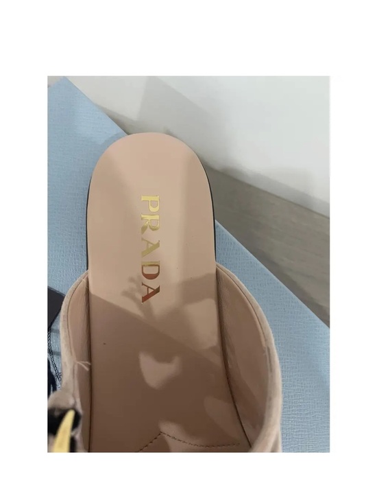 Prada Shoes - Prada Beige Leather Slide with Gold Logo